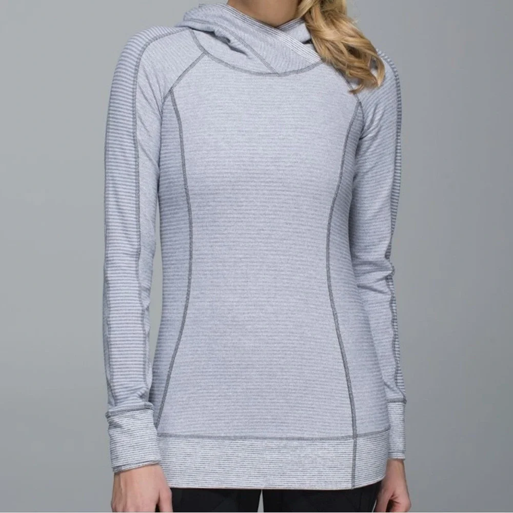 Lululemon Think Fast Run Hoodie Checker White Heathered Gray Slate Stripe Size 8